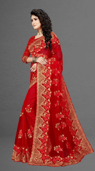 Mayawye Women's Net Saree With Blouse (Red, 5-6Mtrs)