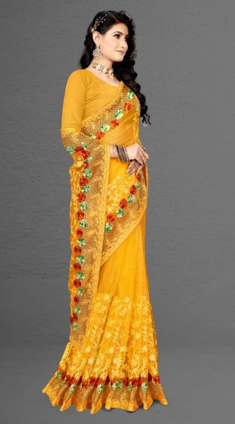 Mayawye Women's Net Saree With Blouse (Yellow, 5-6Mtrs)