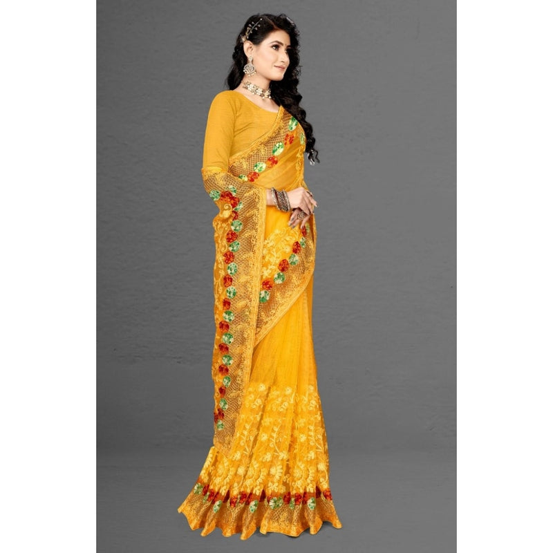 Mayawye Women's Net Saree With Blouse (Yellow, 5-6Mtrs)