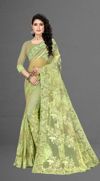 Mayawye Women's Net Saree With Blouse (Pista Green, 5-6Mtrs)