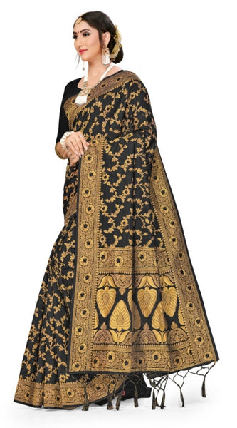 Mayawye Women's Banarasi Silk Saree With Blouse (Black, 5-6Mtrs)