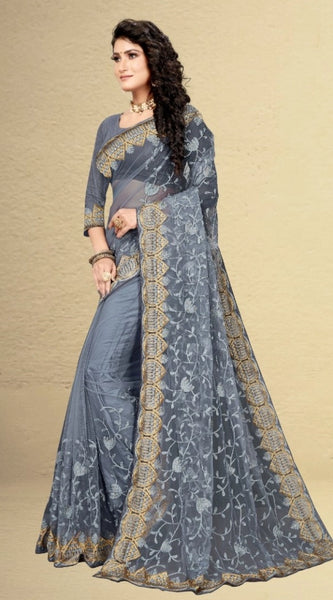 Mayawye Women's Net Saree With Blouse (Grey, 5-6Mtrs)