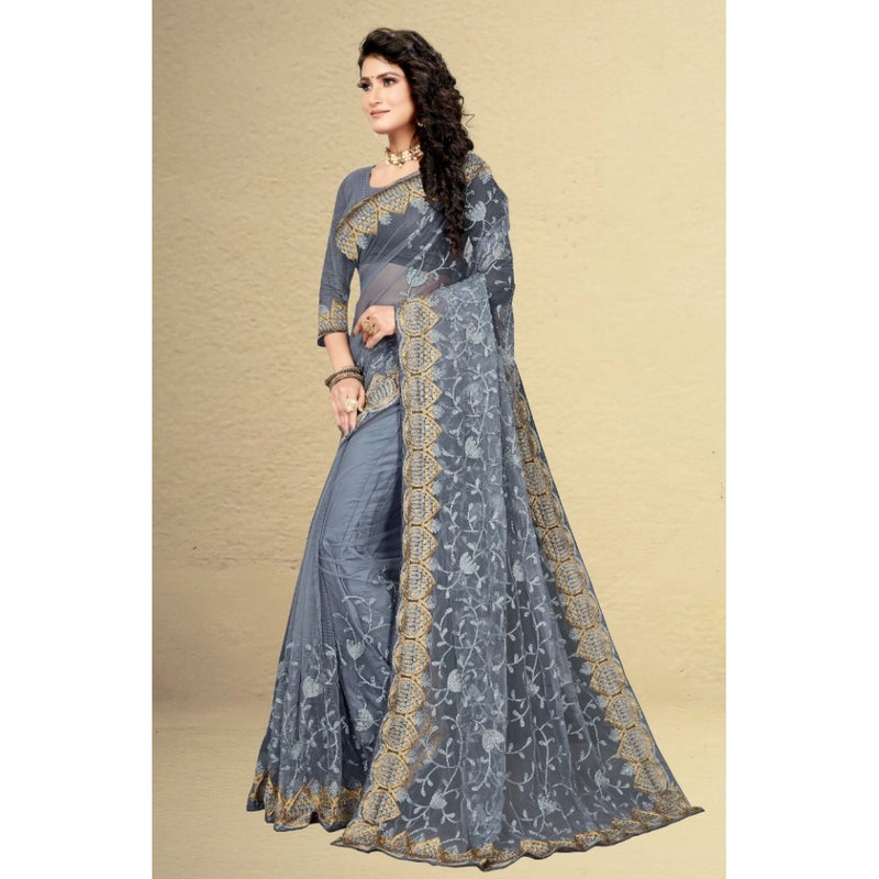 Mayawye Women's Net Saree With Blouse (Grey, 5-6Mtrs)