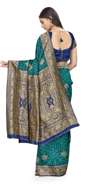 Mayawye Women's Banarasi Silk Saree With Blouse (Navy Blue, Rama, 5-6Mtrs)