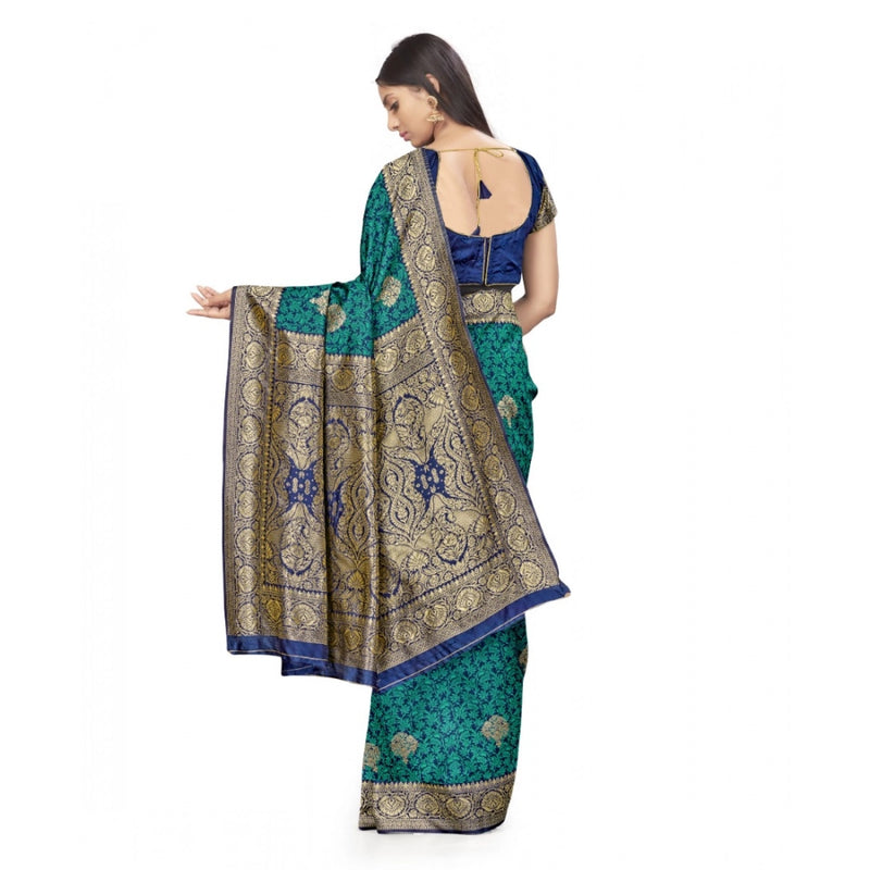 Mayawye Women's Banarasi Silk Saree With Blouse (Navy Blue, Rama, 5-6Mtrs)
