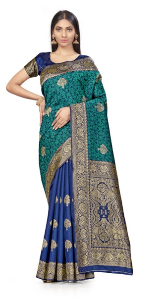 Mayawye Women's Banarasi Silk Saree With Blouse (Navy Blue, Rama, 5-6Mtrs)