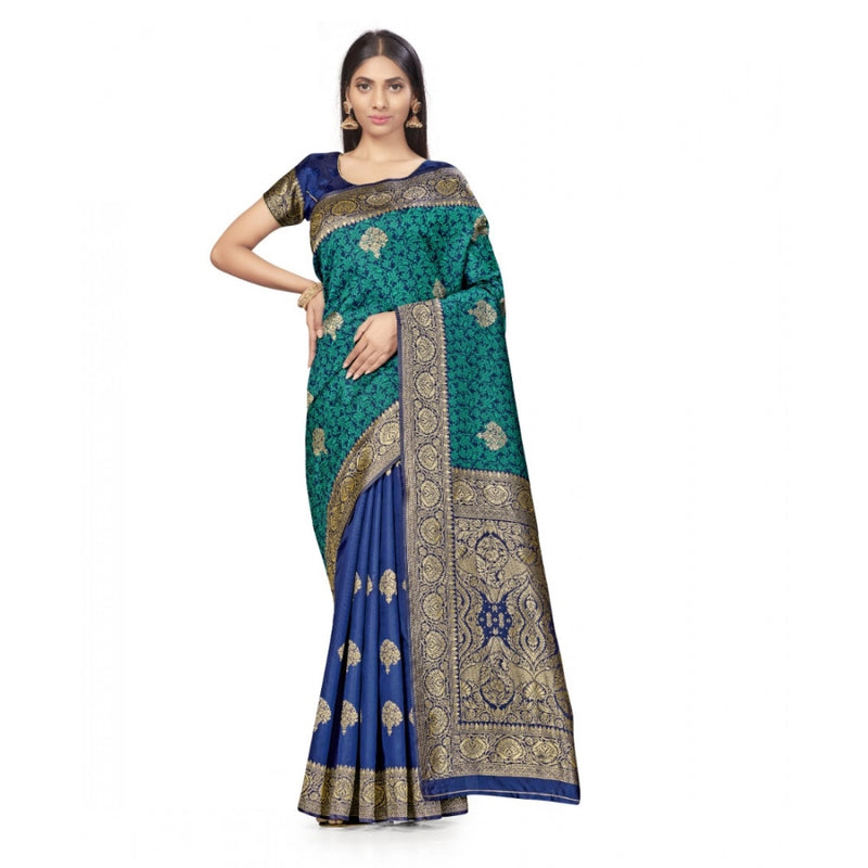 Mayawye Women's Banarasi Silk Saree With Blouse (Navy Blue, Rama, 5-6Mtrs)