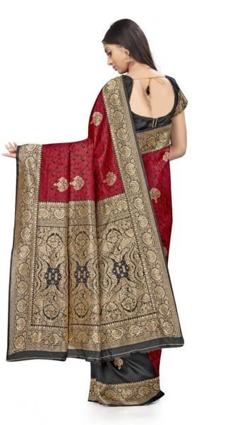 Mayawye Women's Banarasi Silk Saree With Blouse (Black, Red, 5-6Mtrs)