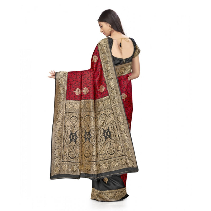 Mayawye Women's Banarasi Silk Saree With Blouse (Black, Red, 5-6Mtrs)