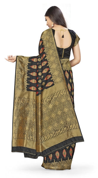 Mayawye Women's Banarasi Silk Saree With Blouse (Black, 5-6Mtrs)