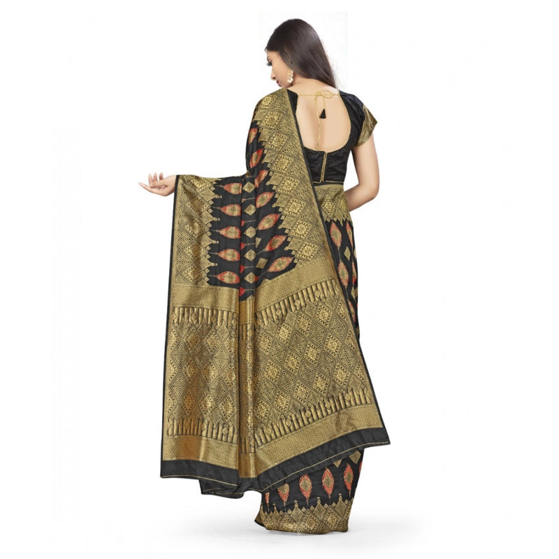 Mayawye Women's Banarasi Silk Saree With Blouse (Black, 5-6Mtrs)