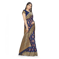 Mayawye Women's Banarasi Silk Saree With Blouse (Navy Blue, 5-6Mtrs)