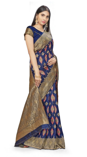 Mayawye Women's Banarasi Silk Saree With Blouse (Navy Blue, 5-6Mtrs)