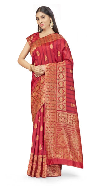 Mayawye Women's Banarasi Silk Saree With Blouse (Peach, 5-6Mtrs)