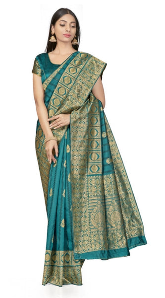 Mayawye Women's Banarasi Silk Saree With Blouse (Peach, 5-6Mtrs)