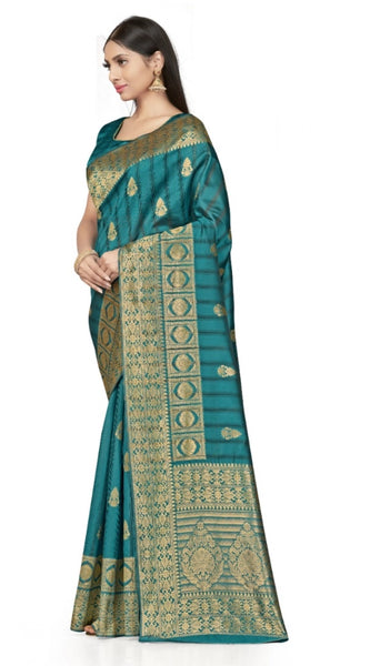 Mayawye Women's Banarasi Silk Saree With Blouse (Peach, 5-6Mtrs)
