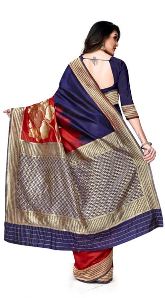 Mayawye Women's Banarasi Silk Saree With Blouse (Navy Blue, Red, 5-6Mtrs)