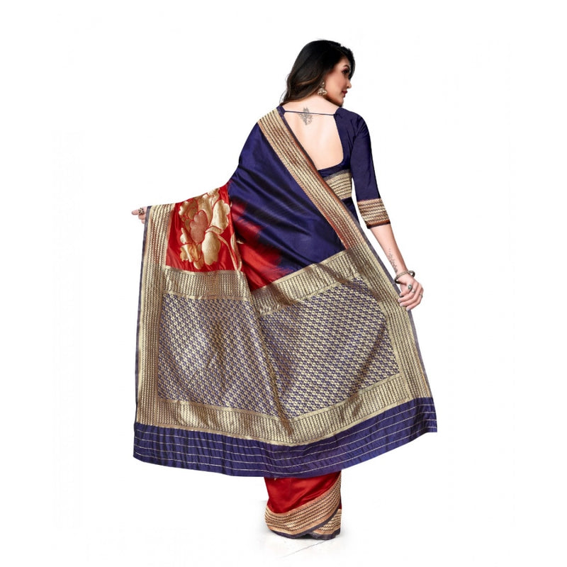 Mayawye Women's Banarasi Silk Saree With Blouse (Navy Blue, Red, 5-6Mtrs)
