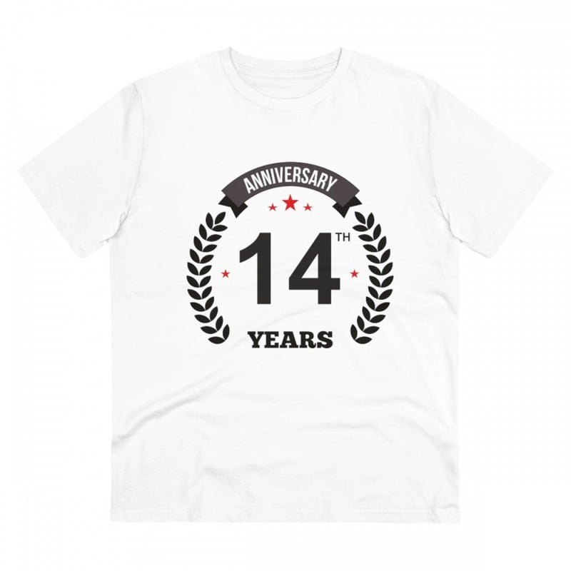 Mayawye Men's PC Cotton 14th Anniversary Printed T Shirt (Color: White, Thread Count: 180GSM)