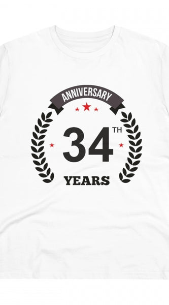 Mayawye Men's PC Cotton 34th Anniversary Printed T Shirt (Color: White, Thread Count: 180GSM)