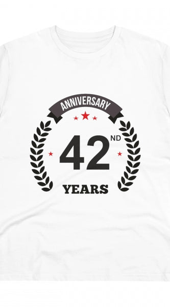 Mayawye Men's PC Cotton 42nd Anniversary Printed T Shirt (Color: White, Thread Count: 180GSM)
