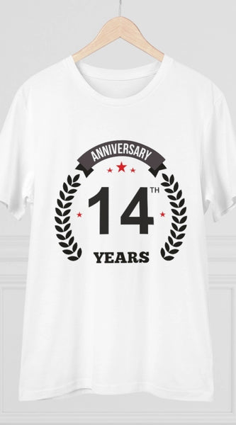 Mayawye Men's PC Cotton 14th Anniversary Printed T Shirt (Color: White, Thread Count: 180GSM)