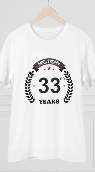 Mayawye Men's PC Cotton 33rd Anniversary Printed T Shirt (Color: White, Thread Count: 180GSM)