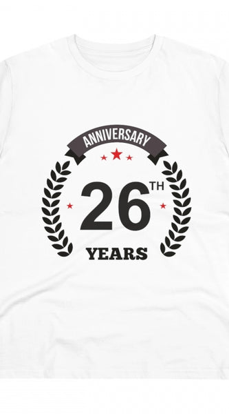 Mayawye Men's PC Cotton 26th Anniversary Printed T Shirt (Color: White, Thread Count: 180GSM)