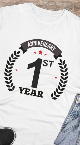 Mayawye Men's PC Cotton 1st Anniversary Printed T Shirt (Color: White, Thread Count: 180GSM)
