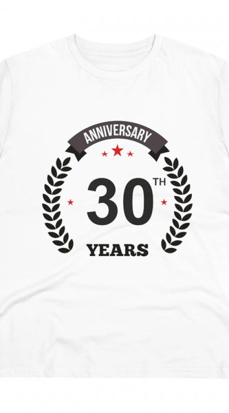 Mayawye Men's PC Cotton 30th Anniversary Printed T Shirt (Color: White, Thread Count: 180GSM)