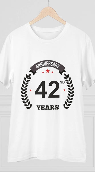 Mayawye Men's PC Cotton 42nd Anniversary Printed T Shirt (Color: White, Thread Count: 180GSM)