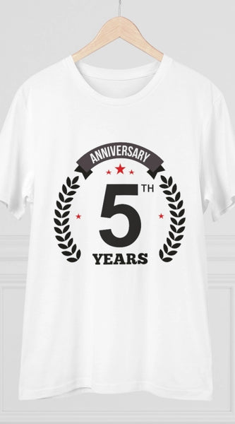 Mayawye Men's PC Cotton 5th Anniversary Printed T Shirt (Color: White, Thread Count: 180GSM)