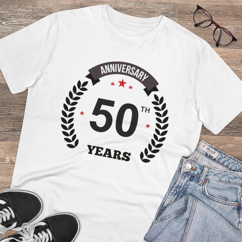 Mayawye Men's PC Cotton 50th Anniversary Printed T Shirt (Color: White, Thread Count: 180GSM)