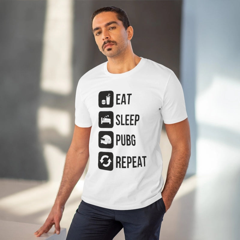 Mayawye Men's PC Cotton Eat Sleep Pubg Repeat Printed T Shirt (Color: White, Thread Count: 180GSM)