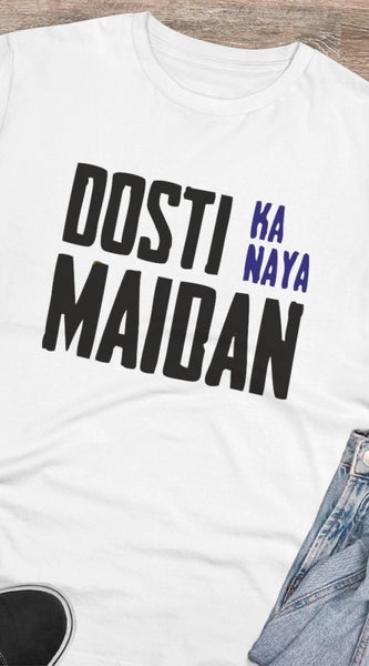 Mayawye Men's PC Cotton Dosti Ka Naya Maidan Printed T Shirt (Color: White, Thread Count: 180GSM)