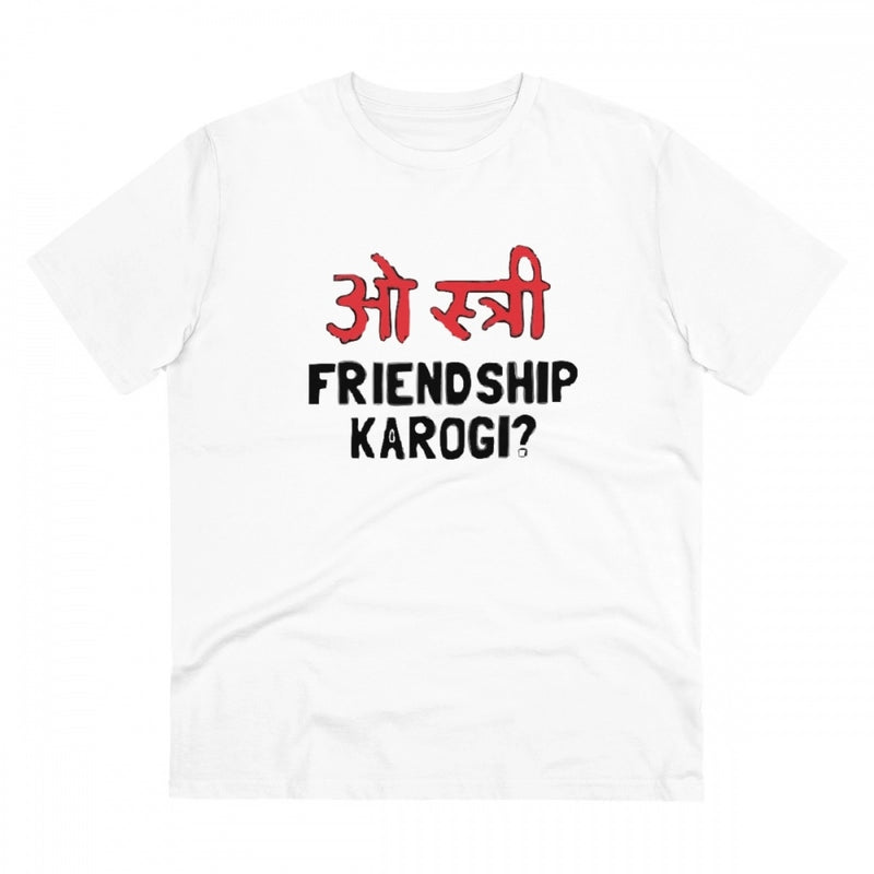 Mayawye Men's PC Cotton Oo Shtree Friendship Karogi Kya Printed T Shirt (Color: White, Thread Count: 180GSM)