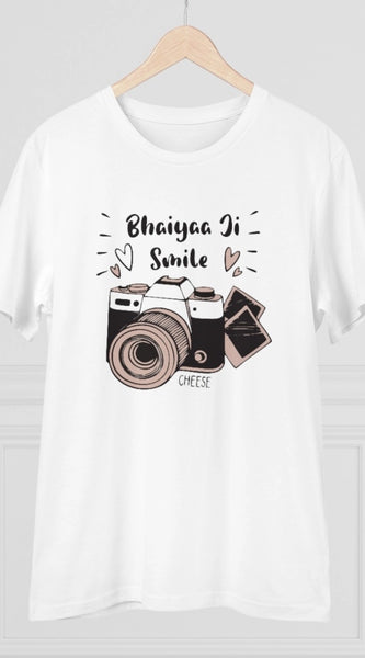 Mayawye Men's PC Cotton Bhaiya Ji Smile Printed T Shirt (Color: White, Thread Count: 180GSM)
