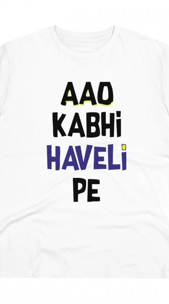 Mayawye Men's PC Cotton Aao Kabhi Haveli Pe Printed T Shirt (Color: White, Thread Count: 180GSM)