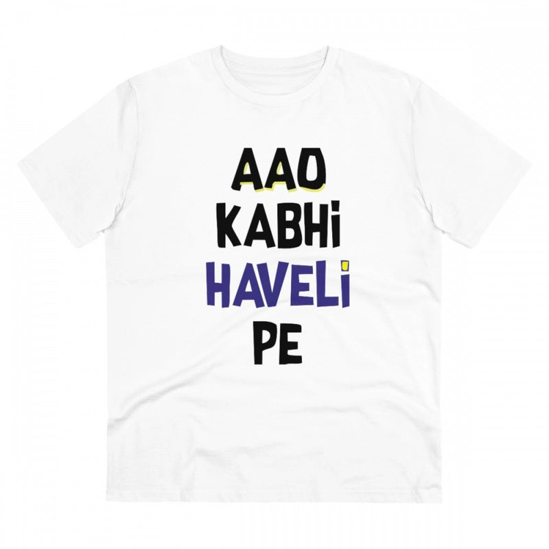 Mayawye Men's PC Cotton Aao Kabhi Haveli Pe Printed T Shirt (Color: White, Thread Count: 180GSM)