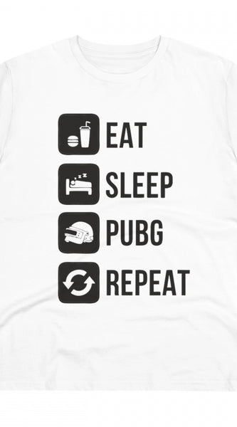 Mayawye Men's PC Cotton Eat Sleep Pubg Repeat Printed T Shirt (Color: White, Thread Count: 180GSM)