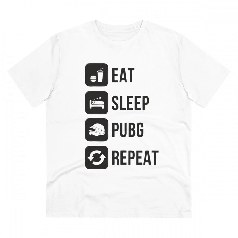 Mayawye Men's PC Cotton Eat Sleep Pubg Repeat Printed T Shirt (Color: White, Thread Count: 180GSM)