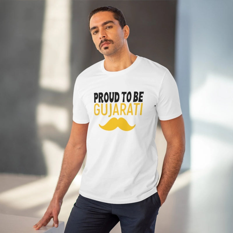 Mayawye Men's PC Cotton Proud To Be Gujarati Printed T Shirt (Color: White, Thread Count: 180GSM)
