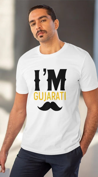 Mayawye Men's PC Cotton I Am Gujarati Printed T Shirt (Color: White, Thread Count: 180GSM)