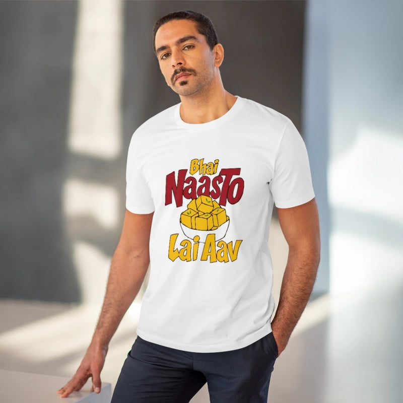 Mayawye Men's PC Cotton Bhai Nasto Lai Aav Printed T Shirt (Color: White, Thread Count: 180GSM)