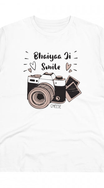Mayawye Men's PC Cotton Bhaiya Ji Smile Printed T Shirt (Color: White, Thread Count: 180GSM)