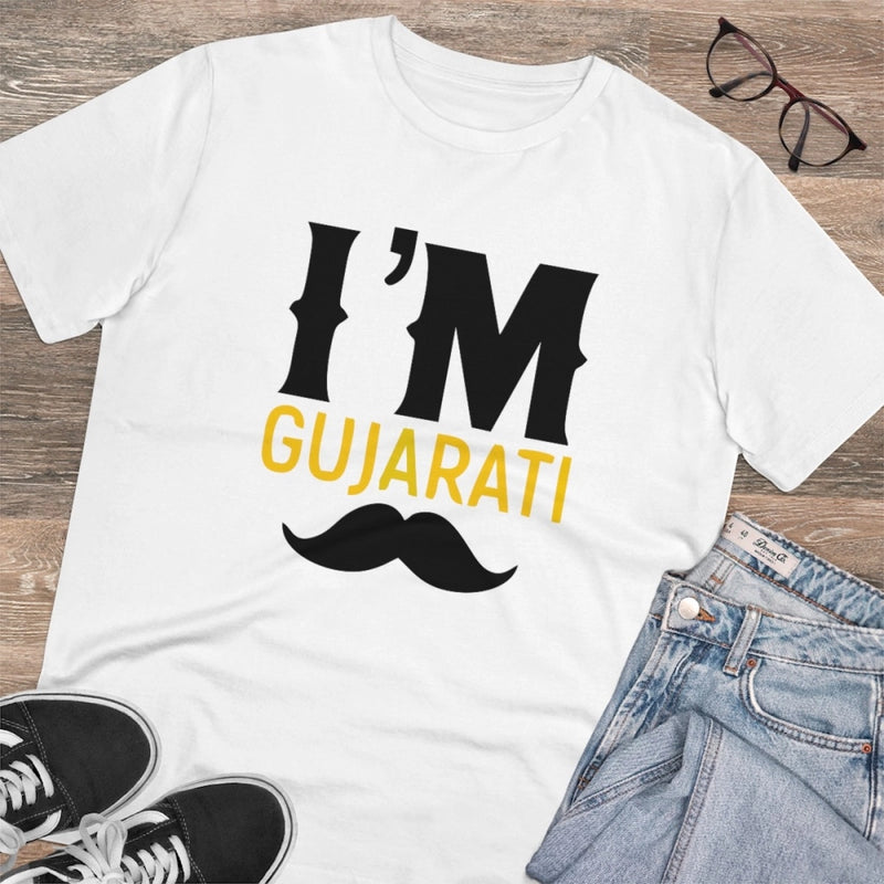 Mayawye Men's PC Cotton I Am Gujarati Printed T Shirt (Color: White, Thread Count: 180GSM)