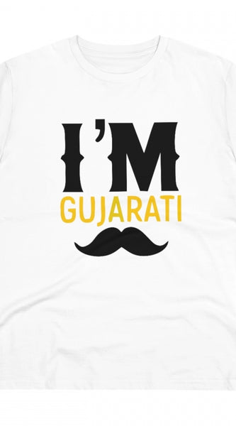 Mayawye Men's PC Cotton I Am Gujarati Printed T Shirt (Color: White, Thread Count: 180GSM)