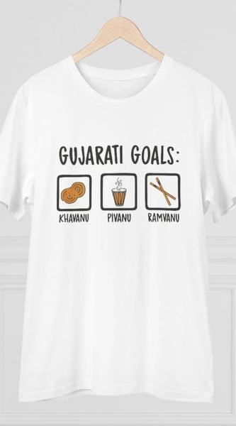 Mayawye Men's PC Cotton Gujarati Goals Printed T Shirt (Color: White, Thread Count: 180GSM)