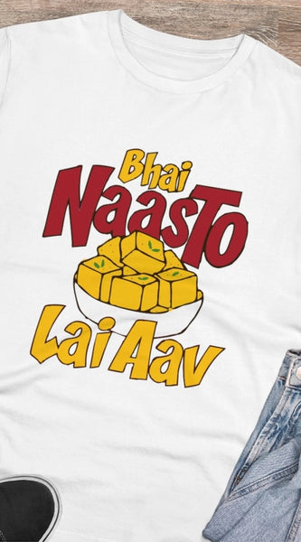 Mayawye Men's PC Cotton Bhai Nasto Lai Aav Printed T Shirt (Color: White, Thread Count: 180GSM)