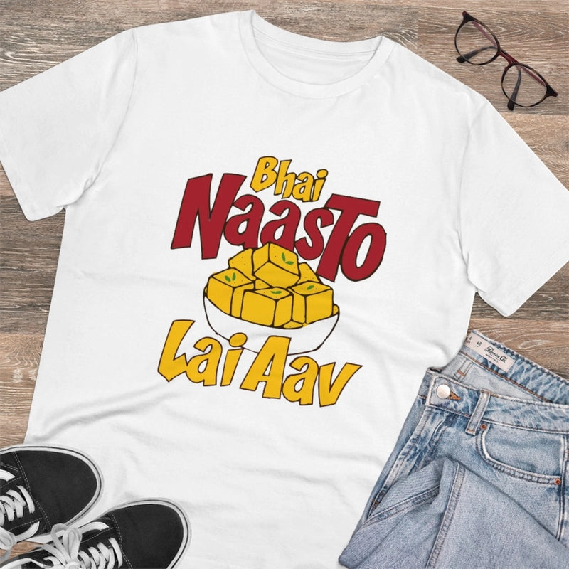 Mayawye Men's PC Cotton Bhai Nasto Lai Aav Printed T Shirt (Color: White, Thread Count: 180GSM)